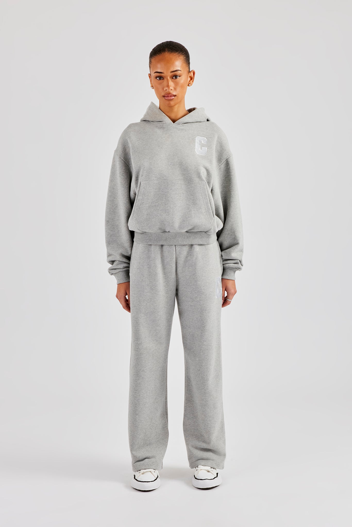 Embroidered C Hooded Tracksuit - Grey Marl